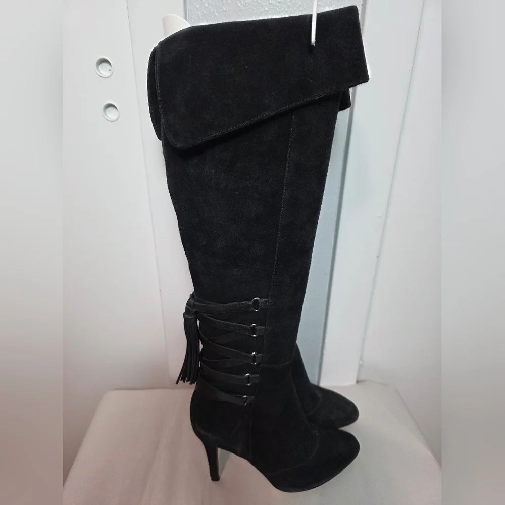VANELI Black Suede OTK Tall Boots - Lace Up Back with Tassel - Vero Cuoio 6.5